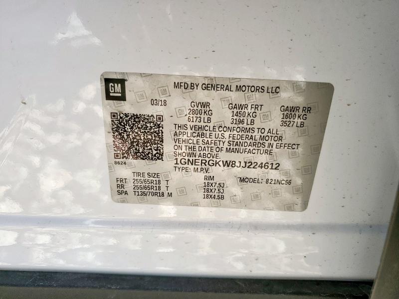 1GNERGKW8JJ224612 - 2018 CHEVROLET TRAVERSE LT 白色 照片 14