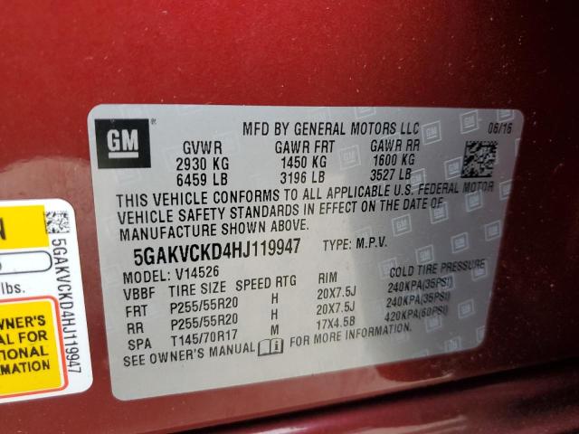 5GAKVCKD4HJ119947 - 2017 BUICK ENCLAVE RED photo 13