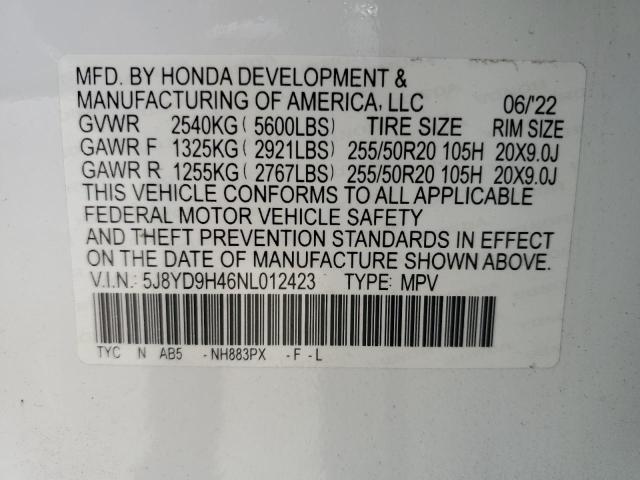 5J8YD9H46NL012423 - 2022 ACURA MDX TECHNOLOGY WHITE photo 14