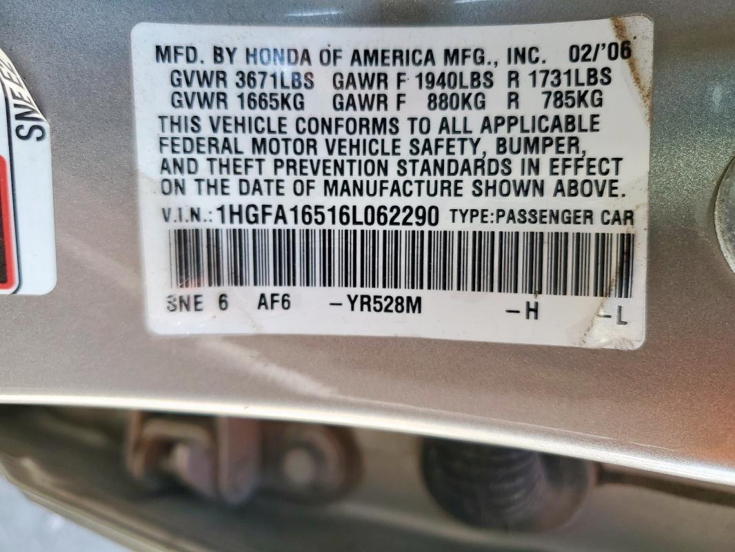 1HGFA16516L062290 - 2006 HONDA CIVIC LX BEIGE photo 12