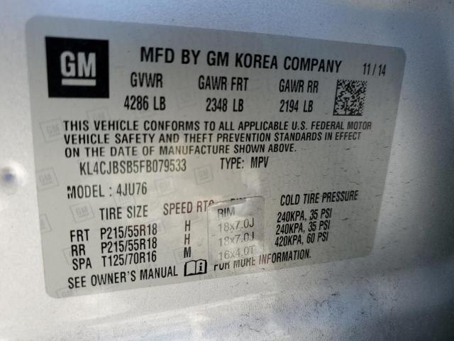 KL4CJBSB5FB079533 - 2015 BUICK ENCORE CONVENIENCE ვერცხლისფერი ფოტო 12