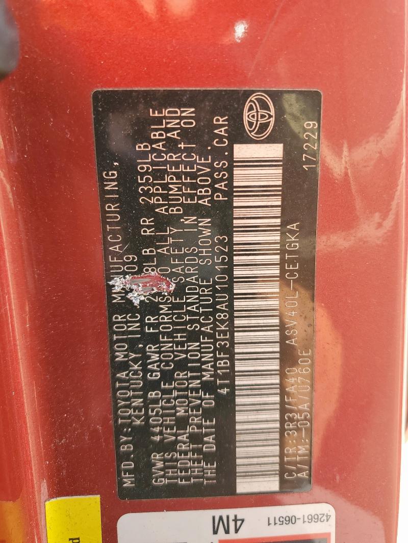 4T1BF3EK8AU101523 - 2010 TOYOTA CAMRY BASE RED photo 12