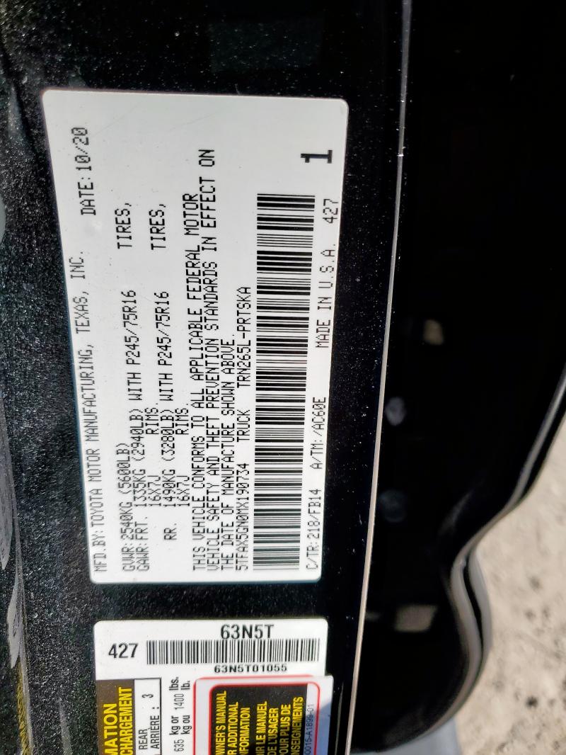 5TFAX5GN0MX190734 - 2021 TOYOTA TACOMA DOUBLE CAB 黑色 照片 12