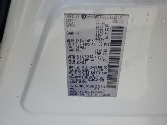 5N1AR2MN0FC692534 - 2015 NISSAN PATHFINDER S WHITE photo 9