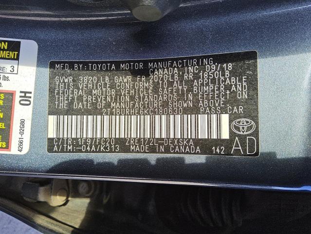 2T1BURHE6KC180630 - 2019 TOYOTA COROLLA L Bleu photo 12