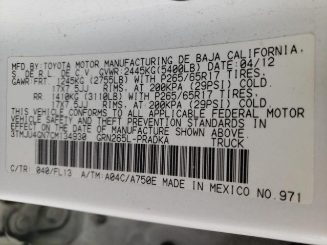 3TMJU4GN7CM134930 - 2012 TOYOTA TACOMA DOUBLE CAB PRERUNNER WHITE photo 12