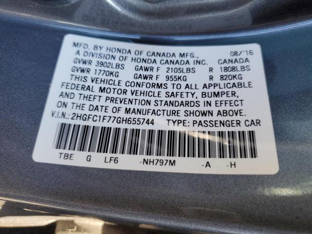 2HGFC1F77GH655744 - 2016 HONDA CIVIC EXL ნაცრისფერი ფოტო 12