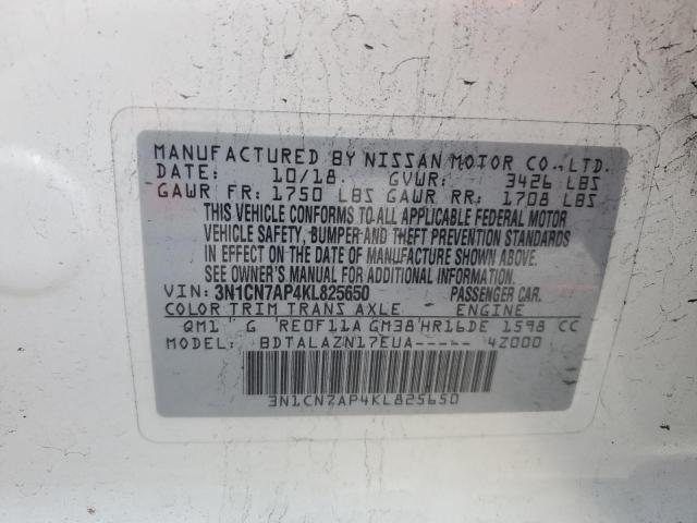 3N1CN7AP4KL825650 - 2019 NISSAN VERSA S WHITE photo 13