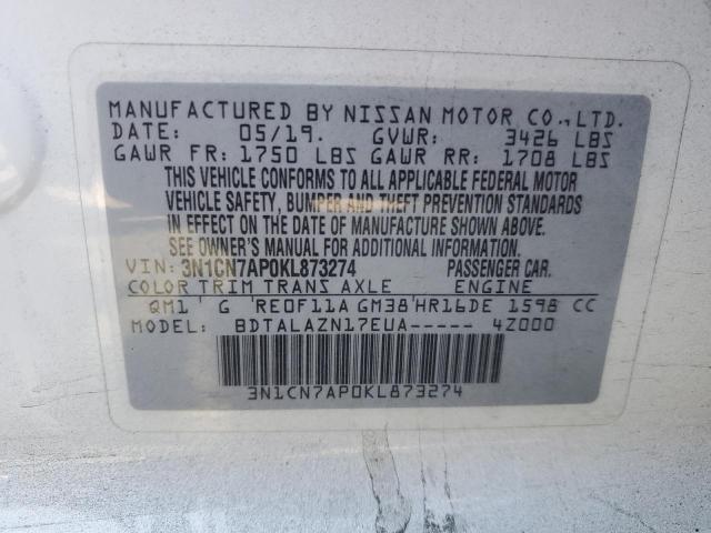 3N1CN7AP0KL873274 - 2019 NISSAN VERSA S 白色 照片 12