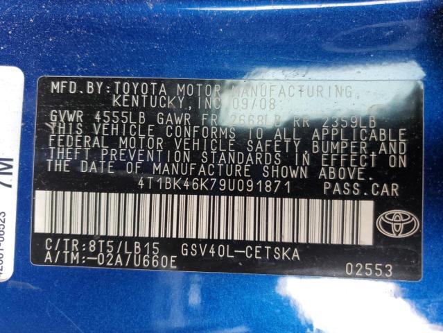 4T1BK46K79U091871 - 2009 TOYOTA CAMRY SE BLUE photo 12