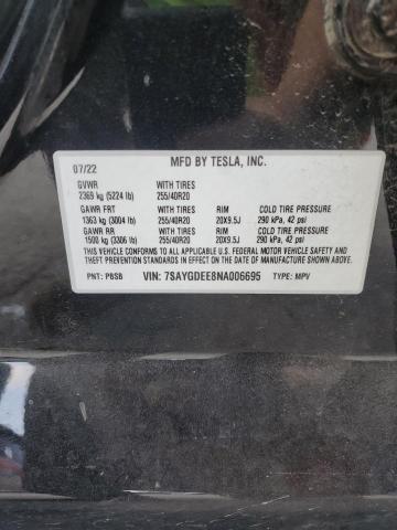 7SAYGDEE8NA006695 - 2022 TESLA MODEL Y BLACK photo 12