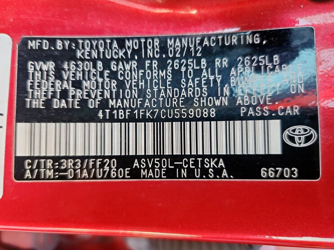 4T1BF1FK7CU559088 - 2012 TOYOTA CAMRY BASE RED photo 13