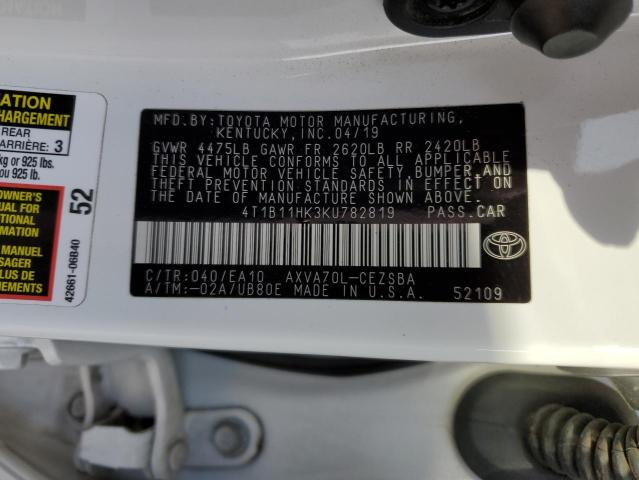 4T1B11HK3KU782819 - 2019 TOYOTA CAMRY L WHITE photo 12