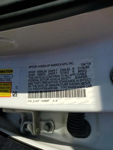 1HGCV1F50KA081409 - 2019 HONDA ACCORD EXL Blanc photo 13