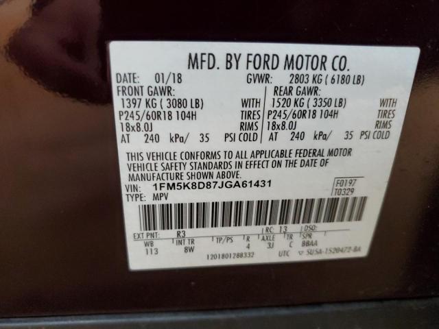 1FM5K8D87JGA61431 - 2018 FORD EXPLORER XLT BURGUNDY photo 13