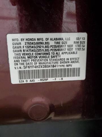 5FNYF4H2XDB041841 - 2013 HONDA PILOT LX MAROON photo 13