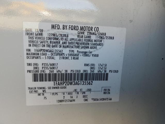 1FAHP2DW3AG135562 - 2010 FORD TAURUS SE WHITE photo 13