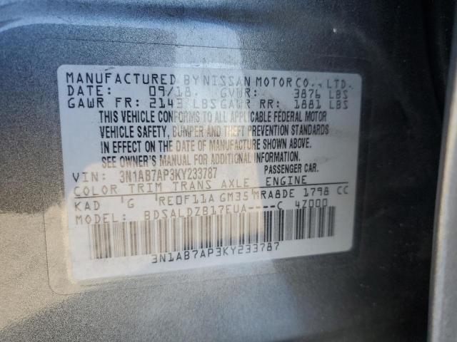 3N1AB7AP3KY233787 - 2019 NISSAN SENTRA S Gris foto 12