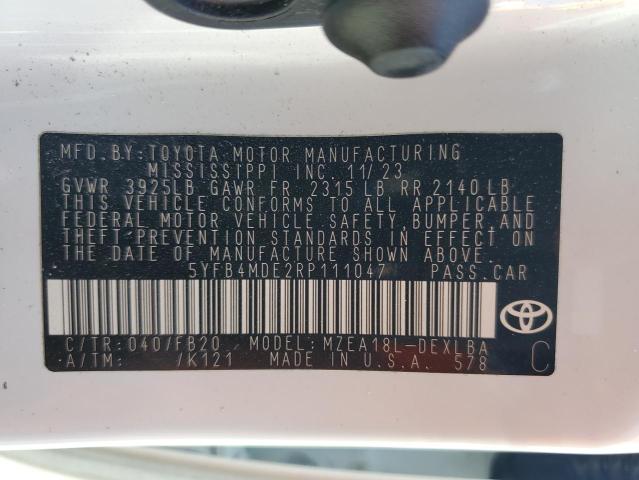 5YFB4MDE2RP111047 - 2024 TOYOTA COROLLA LE WHITE photo 12