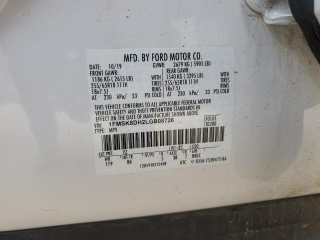 1FMSK8DH2LGB08726 - 2020 FORD EXPLORER XLT WHITE photo 14