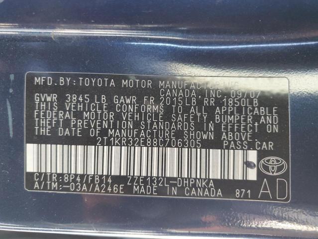 2T1KR32E88C706305 - 2008 TOYOTA COROLLA MA XR BLUE photo 12