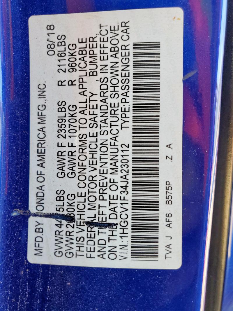 1HGCV1F34JA230112 - 2018 HONDA ACCORD SPORT BLUE photo 12