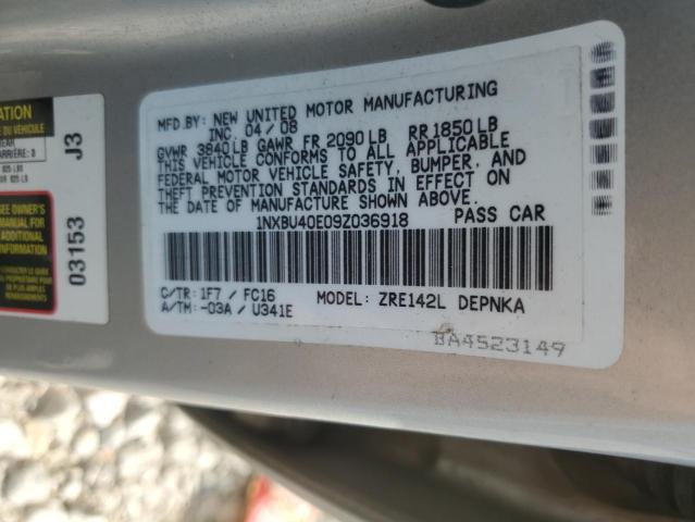 1NXBU40E09Z036918 - 2009 TOYOTA COROLLA BASE فضي صورة 12