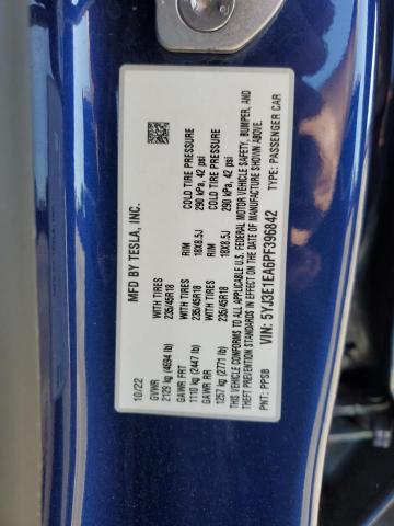 5YJ3E1EA6PF396842 - 2023 TESLA MODEL 3 Mavi foto 13