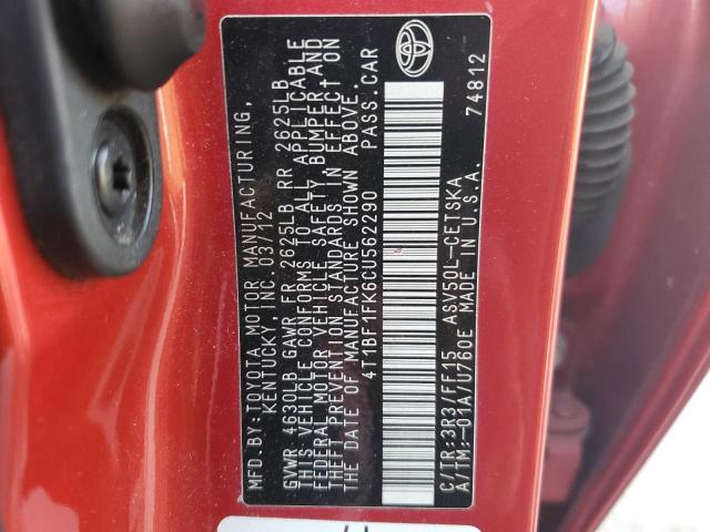 4T1BF1FK6CU562290 - 2012 TOYOTA CAMRY BASE RED photo 12