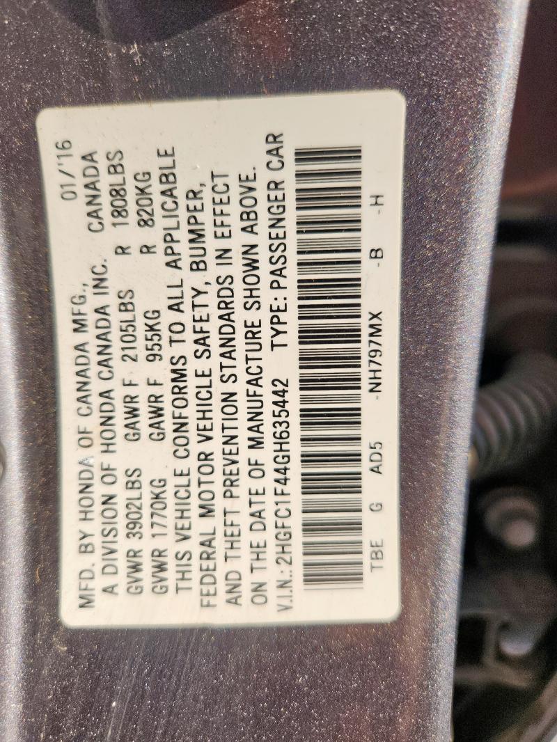 2HGFC1F44GH635442 - 2016 HONDA CIVIC EX GRAY photo 12