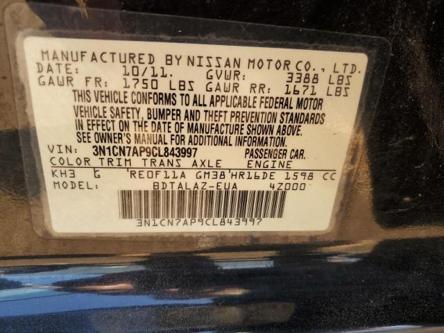 3N1CN7AP9CL843997 - 2012 NISSAN VERSA S BLACK photo 12