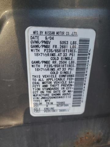 JN8AZ08W05W401110 - 2005 NISSAN MURANO SL SILVER photo 14