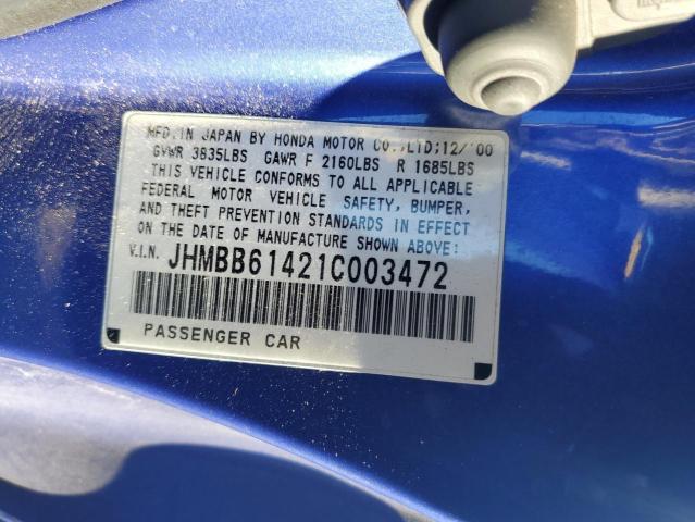 JHMBB61421C003472 - 2001 HONDA PRELUDE BLUE photo 13