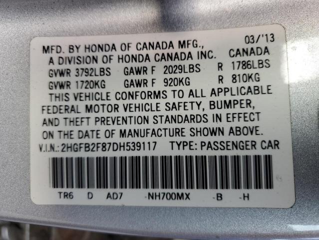 2HGFB2F87DH539117 - 2013 HONDA CIVIC EX GRAY photo 13