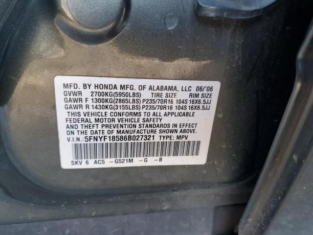 5FNYF18586B027321 - 2006 HONDA PILOT EX GRAY photo 13