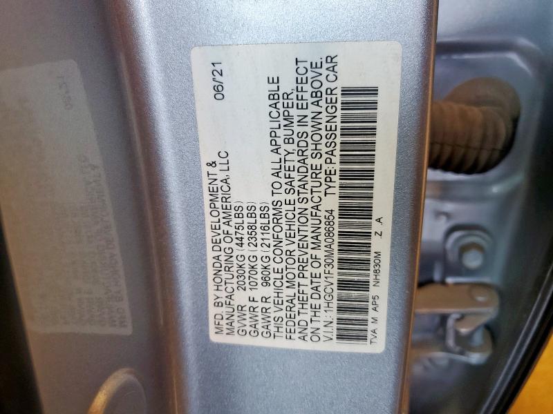 1HGCV1F30MA086854 - 2021 HONDA ACCORD SPORT 银色 照片 12