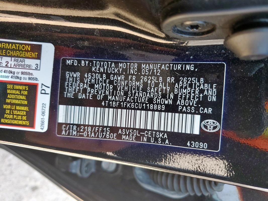 4T1BF1FK6CU118889 - 2012 TOYOTA CAMRY BASE BLACK photo 12