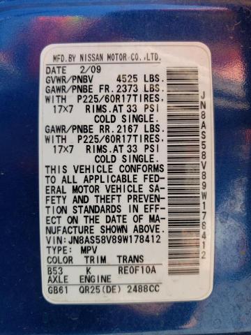 JN8AS58V89W178412 - 2009 NISSAN ROGUE S BLUE photo 14