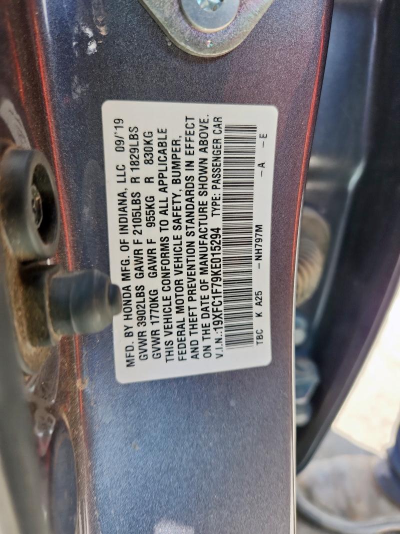 19XFC1F79KE015294 - 2019 HONDA CIVIC EXL Մոխրագույն լուսանկար 12