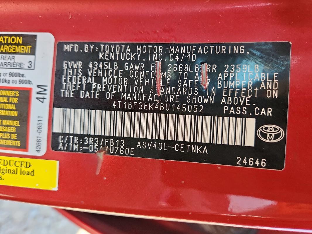 4T1BF3EK4BU145052 - 2011 TOYOTA CAMRY BASE 勃艮第红 照片 12