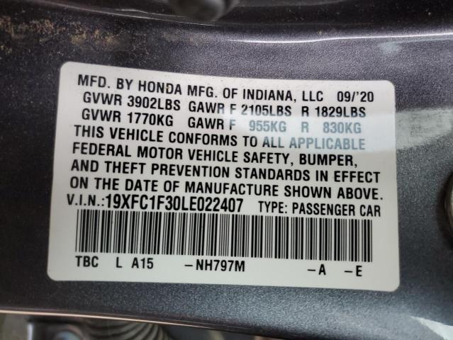 19XFC1F30LE022407 - 2020 HONDA CIVIC EX GRAY photo 12