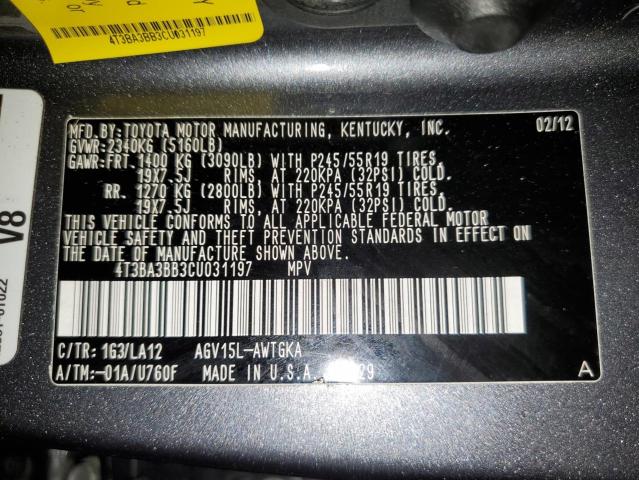 4T3BA3BB3CU031197 - 2012 TOYOTA VENZA LE GRAY photo 13