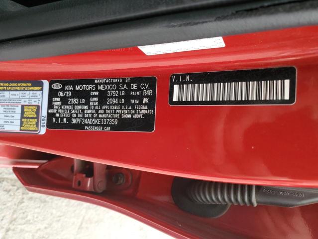 3KPF24AD5KE137359 - 2019 KIA FORTE FE RED photo 12