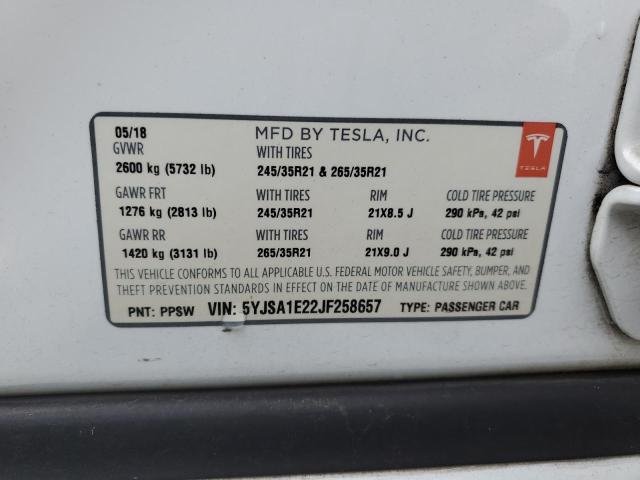 5YJSA1E22JF258657 - 2018 TESLA MODEL S Սպիտակ լուսանկար 12