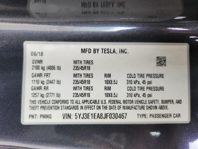 5YJ3E1EA8JF030467 - 2018 TESL MODEL 3 Boz foto 12