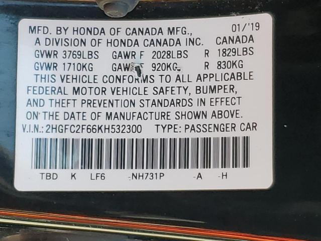 2HGFC2F66KH532300 - 2019 HONDA CIVIC LX შავი ფოტო 12