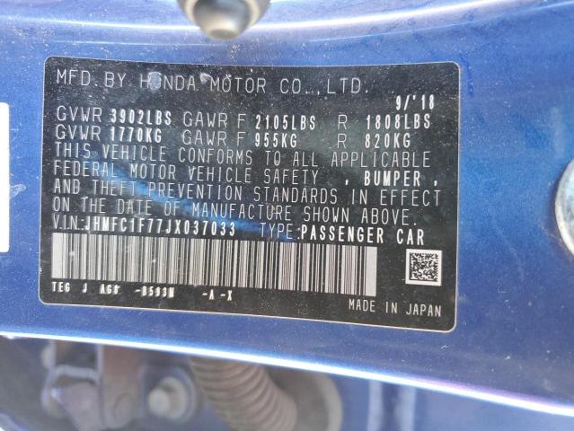 JHMFC1F77JX037033 - 2018 HONDA CIVIC EXL BLUE photo 12