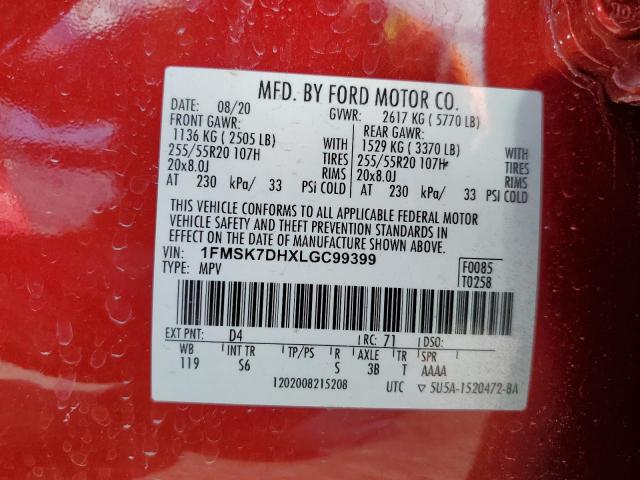 1FMSK7DHXLGC99399 - 2020 FORD EXPLORER XLT წითელი ფოტო 13