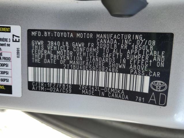 2T1BU40E59C082486 - 2009 TOYOTA COROLLA BASE SILVER photo 12