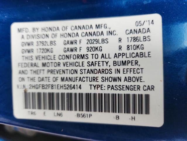 2HGFB2F81EH526414 - 2014 HONDA CIVIC EX BLUE photo 12